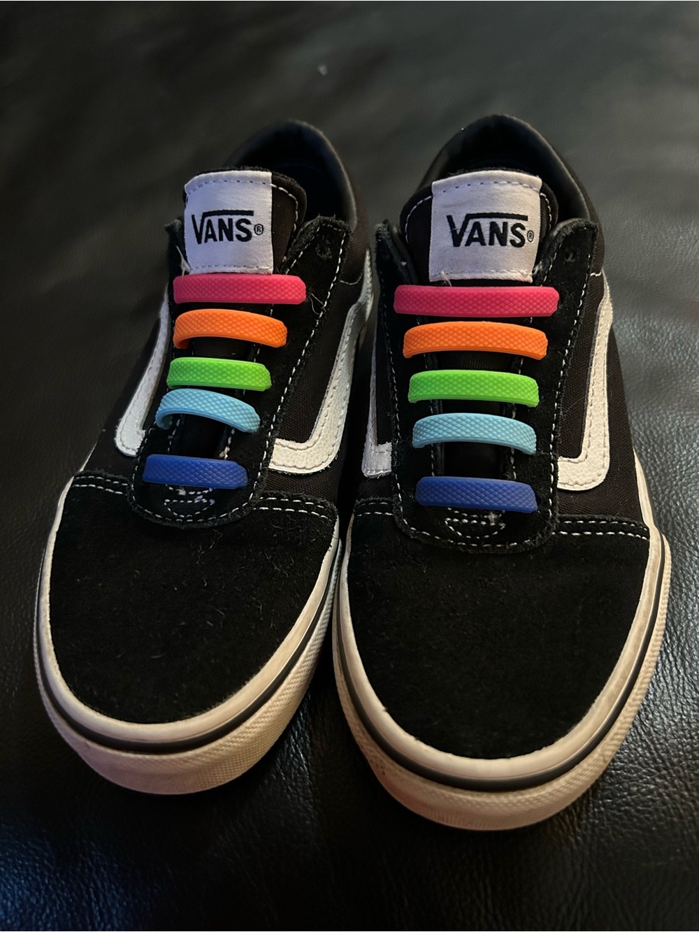Vans Kids Black Sneakers with Rainbow Elastic Shoelaces Size 1
